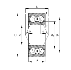 角接觸球軸承 3807-B-TVH, 雙列，接觸角 α = 25°