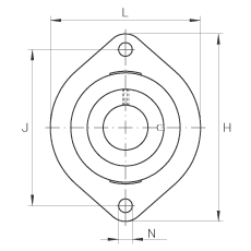軸承座單元 FLCTEY25, 帶兩個螺栓孔的法蘭的軸承座單元，鑄鐵， 內(nèi)圈帶平頭螺釘， P 型密封，無再潤滑結(jié)構(gòu)